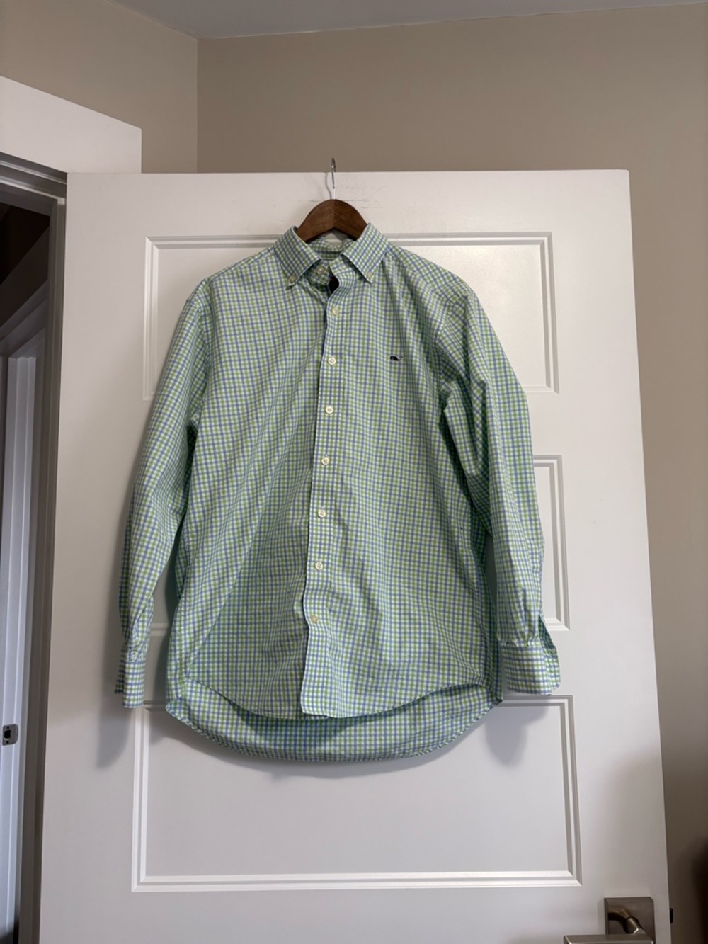 Vineyard Vines Green and White Check Button-Down Shirt Sz Medium